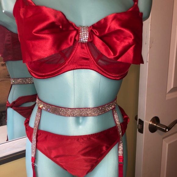 Victoria’s Secret Satin Bow Crystal Accent Push Up /Garter /Side Tie Cheeky NWT - Picture 2 of 10